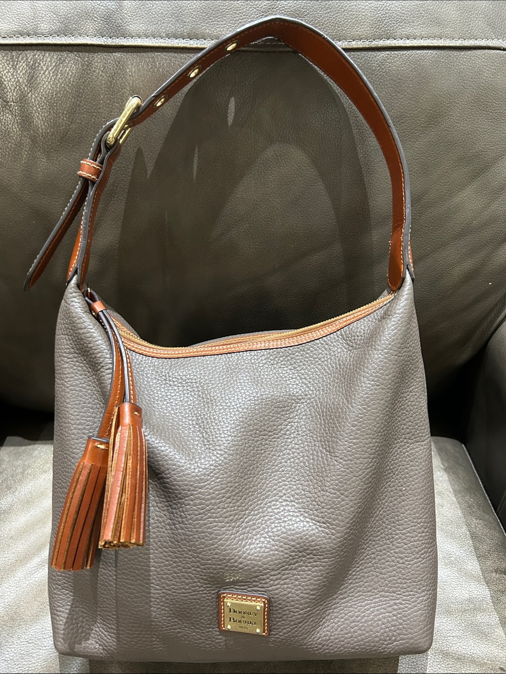 Women’s Taupe Leather Hobo Bag with Brown Trim